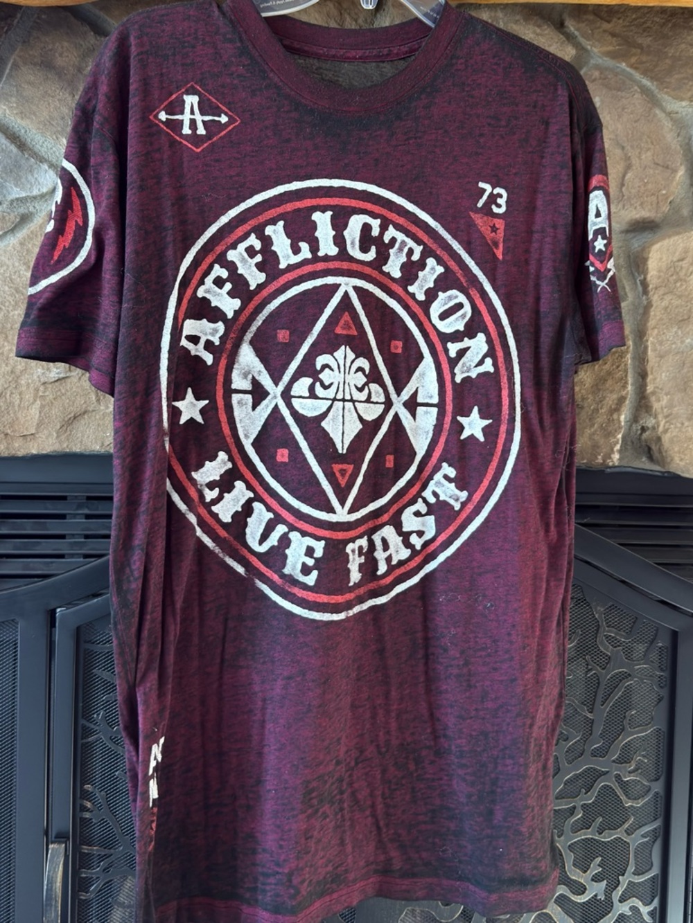Affliction Men's 'Live Fast' Graphic Tee in Burgundy and Black